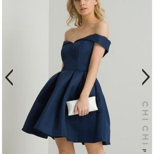 Chi Chi London Navy Off-Shoulder Dress